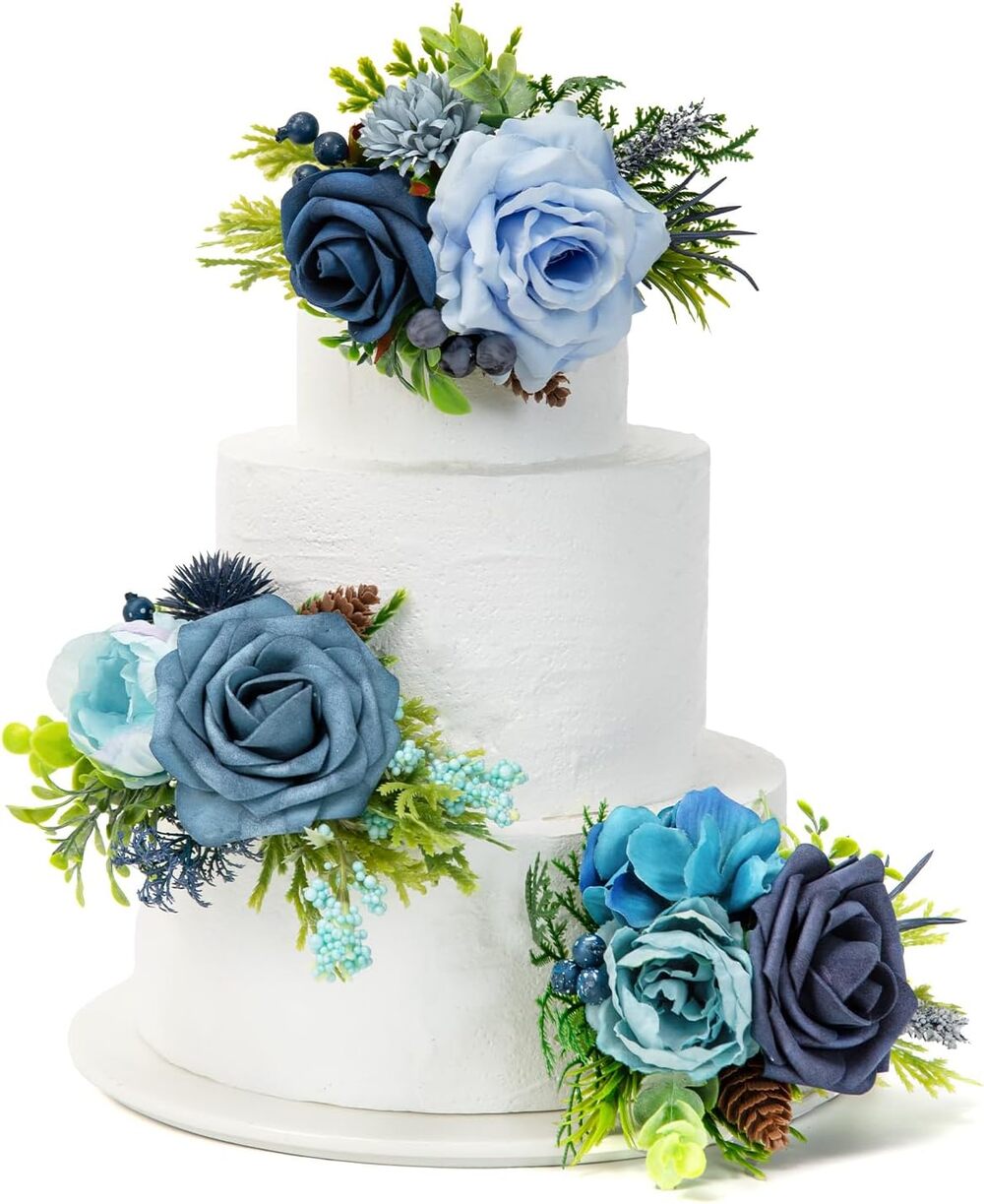 TINGE TIME 3Pc Wedding Cake Topper Navy Blue Artificial Flowers Floral Decor
